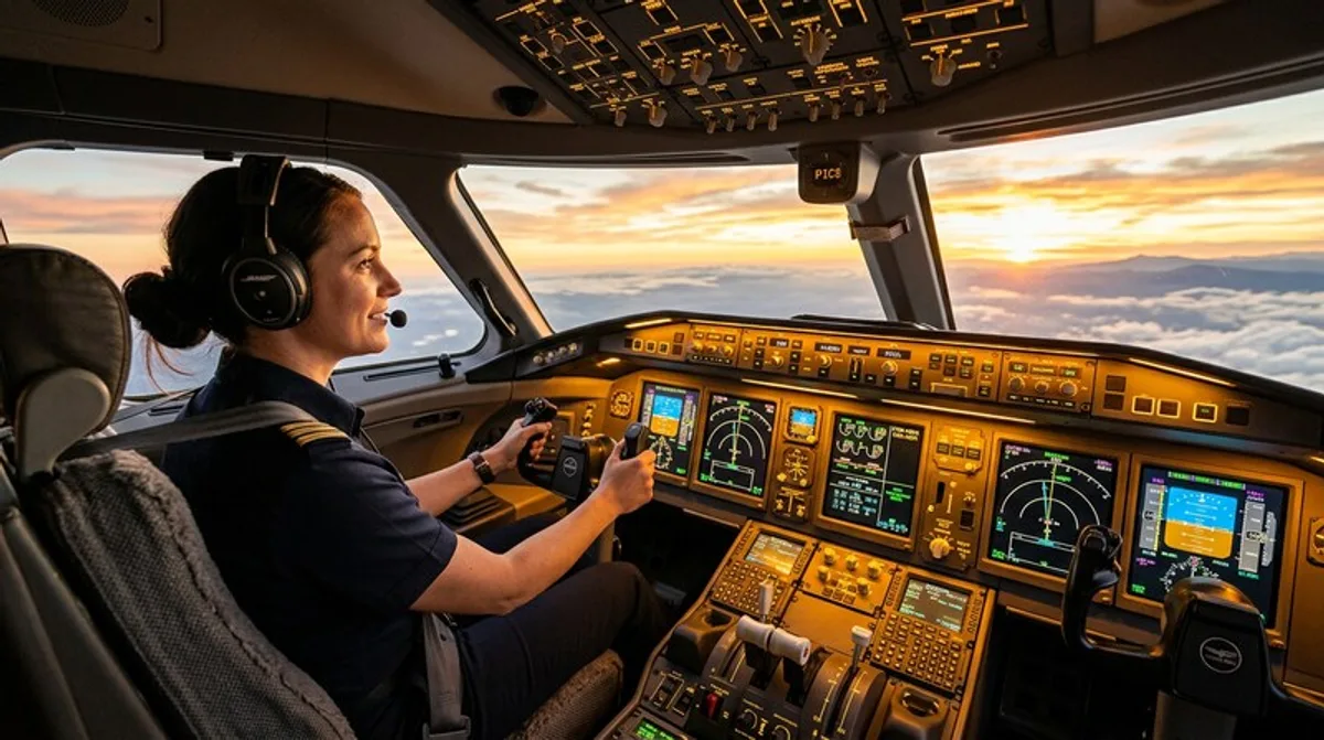 Cockpit bei Sonnenuntergang — kurz vor dem Nachtflug auf FL500+